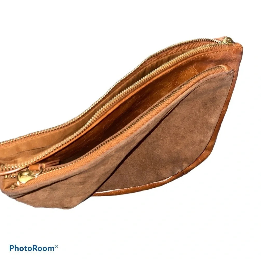 Anthropologie brown zipper pull pouch bag